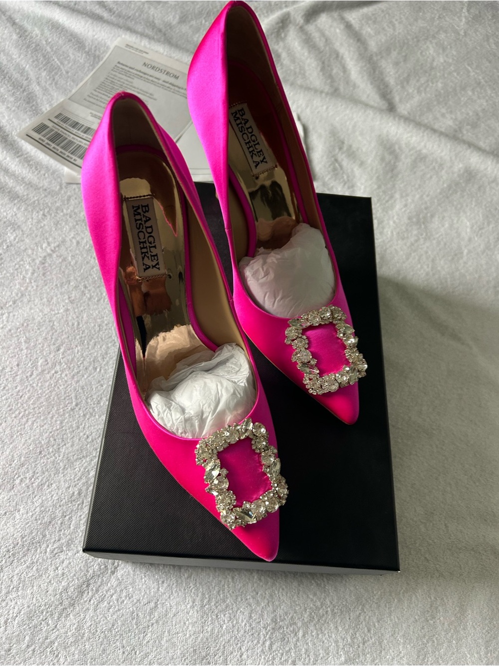 Badgley Mischka Hot Pink Satin Jeweled Pointed-Toe Pumps